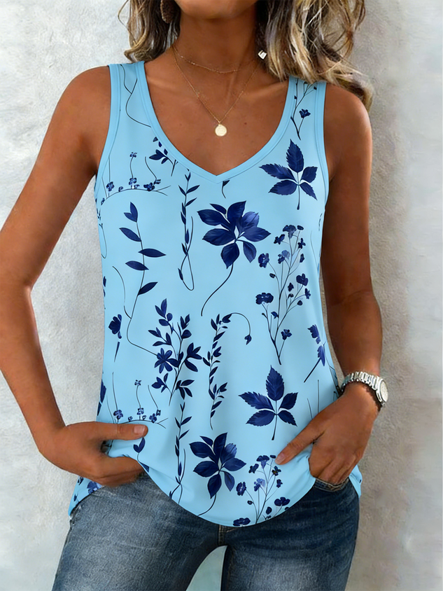 Women Sleeveless Tank Top Camisole Summer Floral V Neck Daily Casual Top