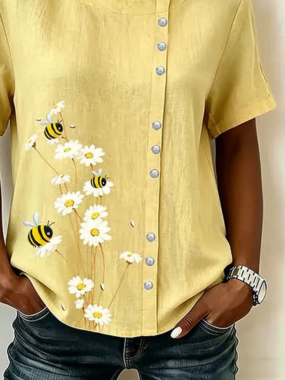 Women Floral Crew Neck Short Sleeve Shirt Printing Casual Daily Summer Top