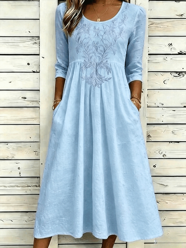 Women Floral Half Sleeve Crew Neck Dress Daily Vintage Maxi A-Line Summer Dress