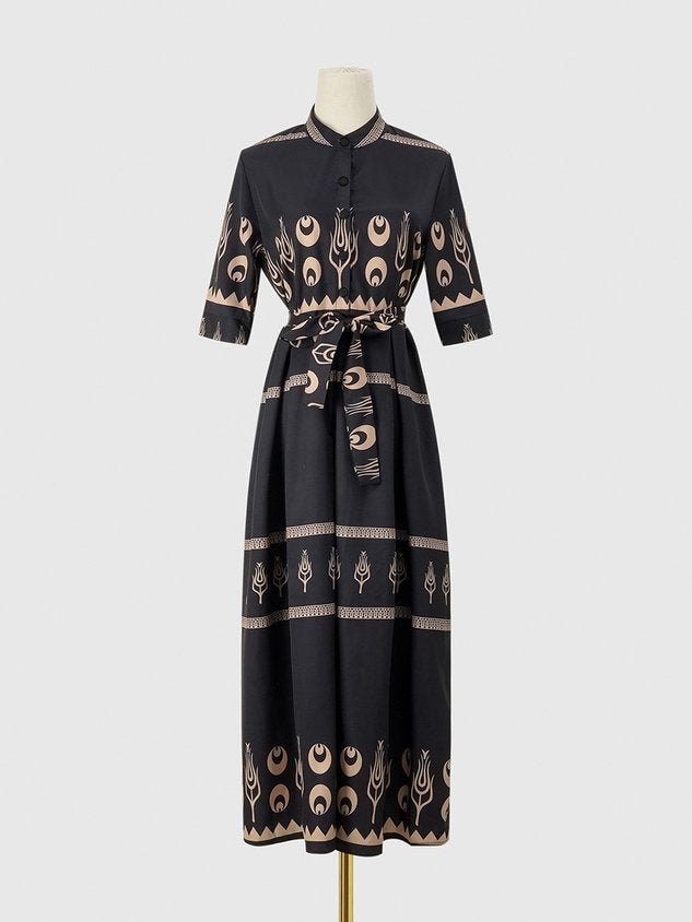 Women Geometric Short Sleeve Crew Neck Printing Dress Daily Vintage Maxi Shirt Dress A-Line Summer Dress
