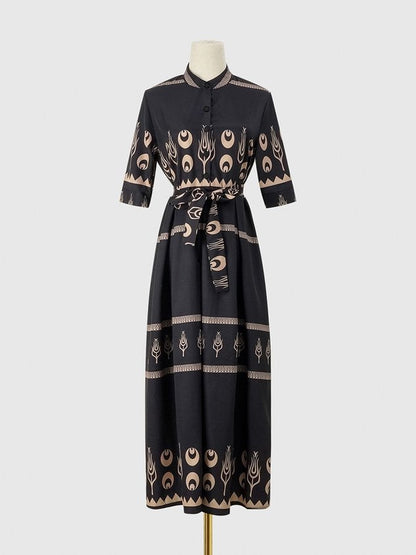 Women Geometric Short Sleeve Crew Neck Printing Dress Daily Vintage Maxi Shirt Dress A-Line Summer Dress