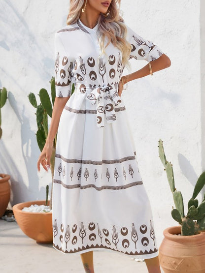 Women Geometric Short Sleeve Crew Neck Printing Dress Daily Vintage Maxi Shirt Dress A-Line Summer Dress