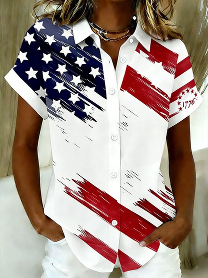 Women America Flag Shirt Collar Short Sleeve Shirt Printing Casual Daily Summer Top