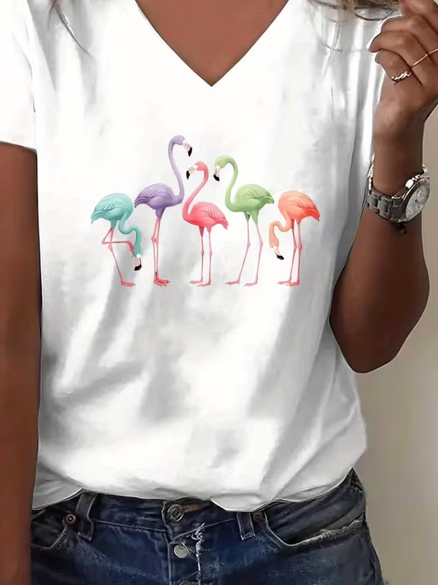 Women Flamingo Short Sleeve Tee T-shirt V Neck Printing Vintage Summer Top