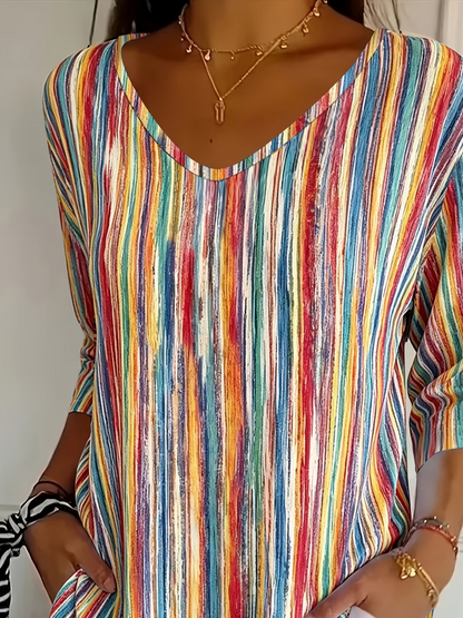 Women Abstract Stripes Three Quarter Sleeve Tee T-shirt V Neck Printing Casual Graphic Tee Spring/Fall Top