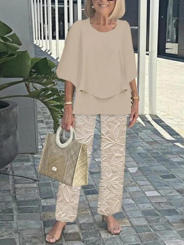Women Floral Two-Piece Set Daily Short Sleeve Casual Summer Top With Pants Matching Set