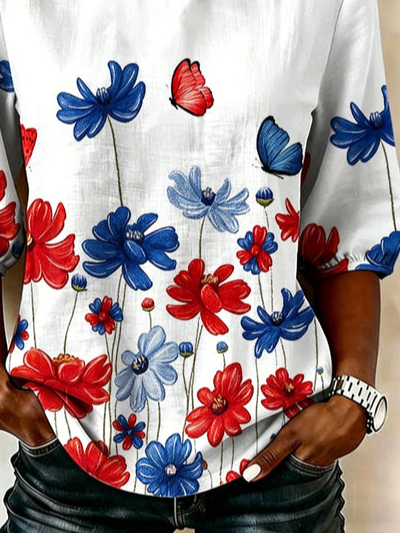 Women Floral Crew Neck Half Sleeve Blouse Printing Vintage Daily Summer Top