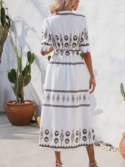 Women Geometric Short Sleeve Crew Neck Printing Dress Daily Vintage Maxi Shirt Dress A-Line Summer Dress