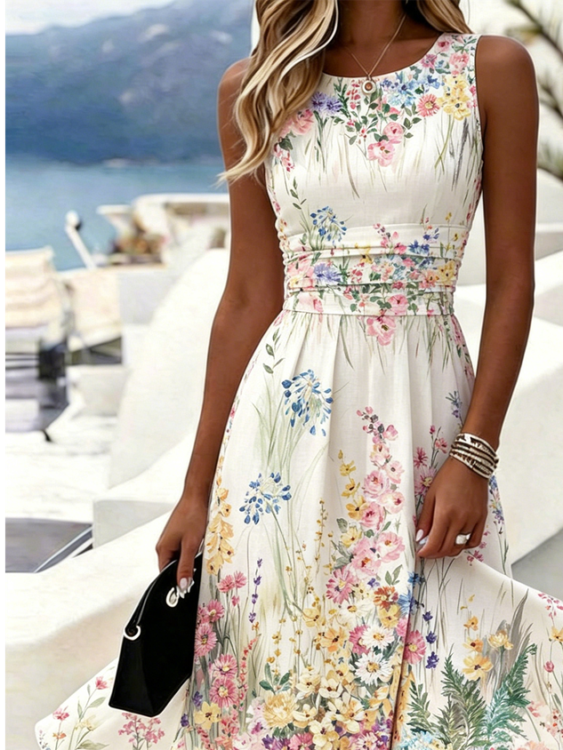 Women Floral Sleeveless Crew Neck Dress Daily Vacation Maxi A-Line Summer Dress