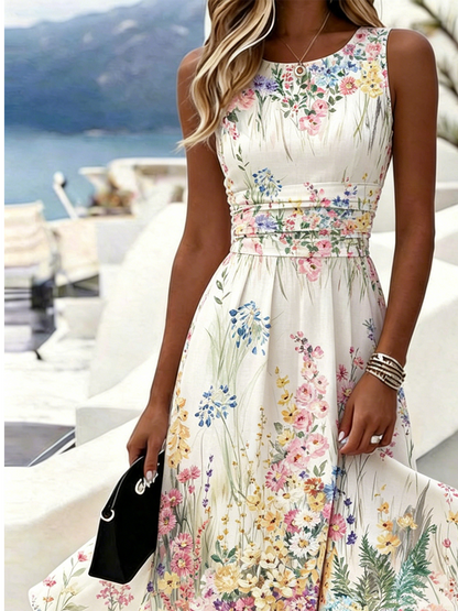 Women Floral Sleeveless Crew Neck Dress Daily Vacation Maxi A-Line Summer Dress